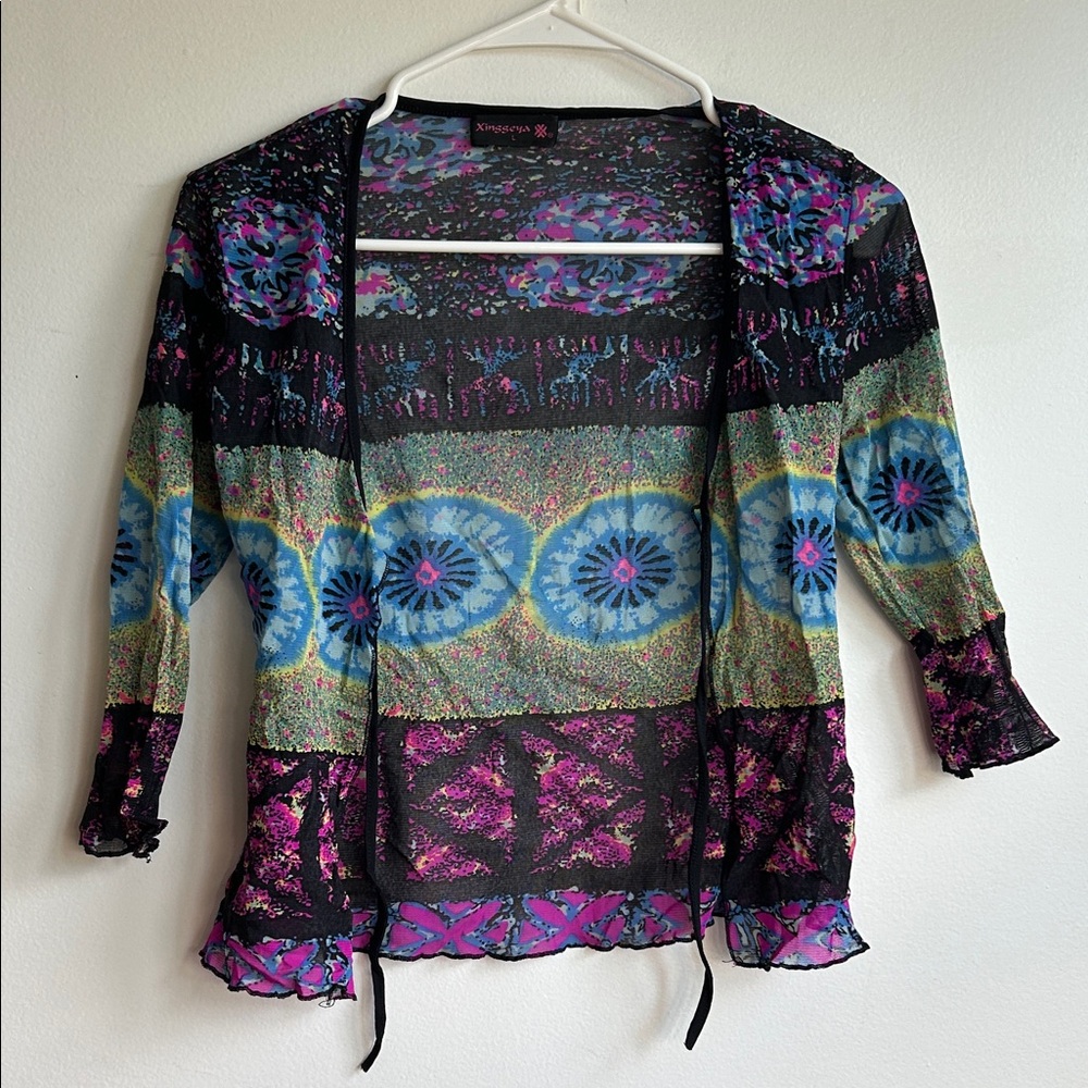Kensie Black Sheer Multi-Color Tie-Front Tunic